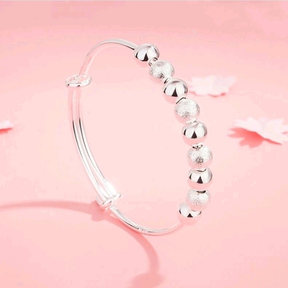 Silver Beaded Bangle Bracelet Adjustable Loose Fit Elegant Dainty Bracelets - Picture 14 of 16